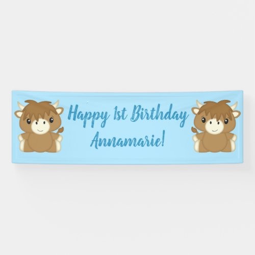 Scottish Highland Cow Birthday Party Blue Banner