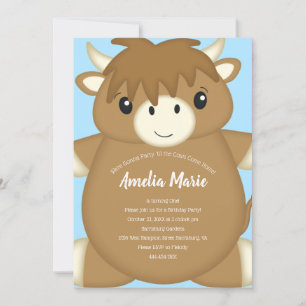 Scottish Highland Cow Birthday Party Blue Invitation