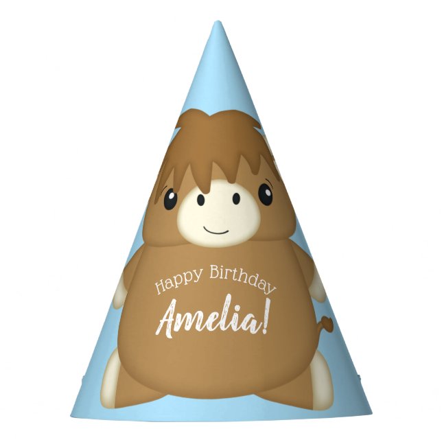 Scottish Highland Cow Birthday Party Blue Party Hat (Front)