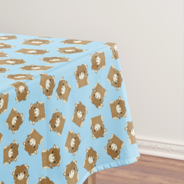 Scottish Highland Cow Birthday Party Blue Tablecloth (In Situ)