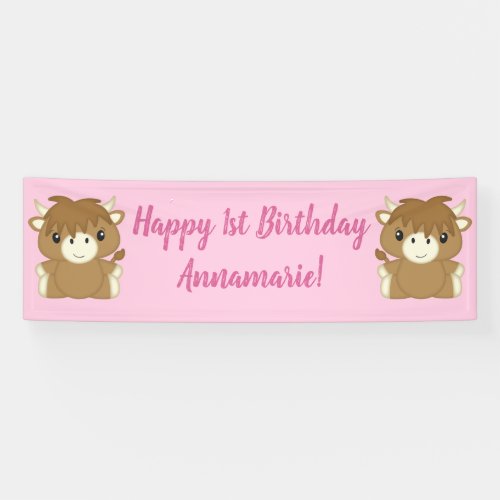 Scottish Highland Cow Birthday Party Pink Banner