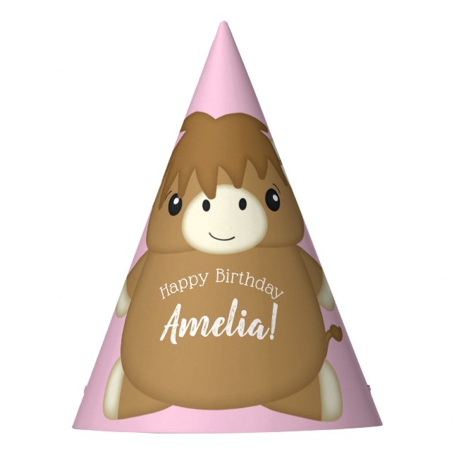 Scottish Highland Cow Birthday Party Pink Hat (Front)