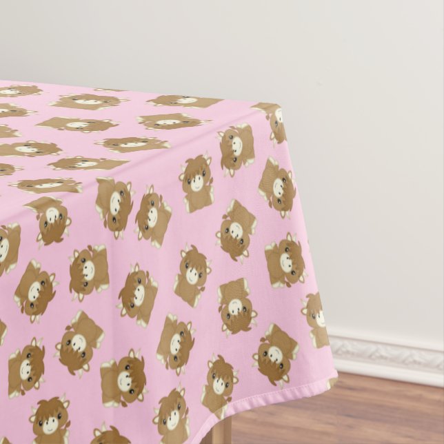 Scottish Highland Cow Birthday Party Pink Tablecloth (In Situ)