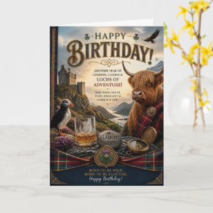 Scottish Highland Cow Birthday Puffin & Castle Card