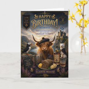 Scottish Highland Cow Birthday Puffin & Stoat Card