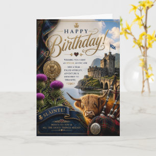 Scottish Highland Cow Birthday Tartan & Thistle Card