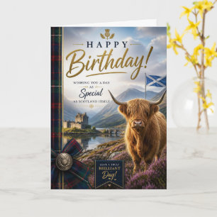Scottish Highland Cow Birthday Tartan & Thistle Card