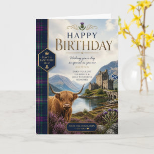 Scottish Highland Cow Birthday Tartan & Thistle Card