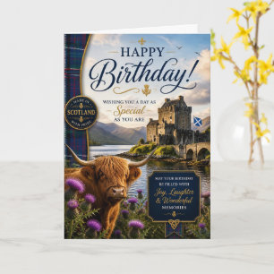 Scottish Highland Cow Birthday Tartan & Thistle Card