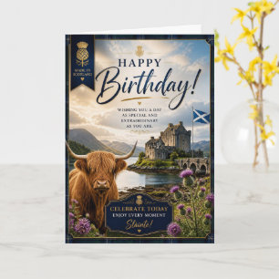 Scottish Highland Cow Birthday Tartan & Thistle Card