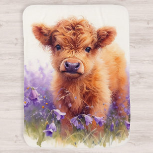 Scottish Highland Cow Calf Purple Wildflowers Baby Blanket