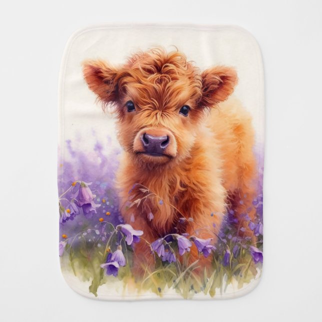 Scottish Highland Cow Calf Purple Wildflowers Baby Burp Cloth (Front)