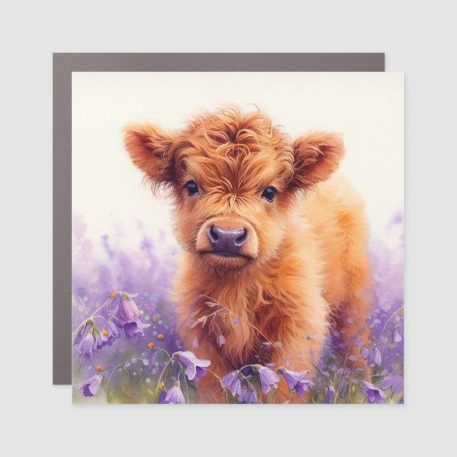 Scottish Highland Cow Calf Purple Wildflowers Car Magnet (Front)
