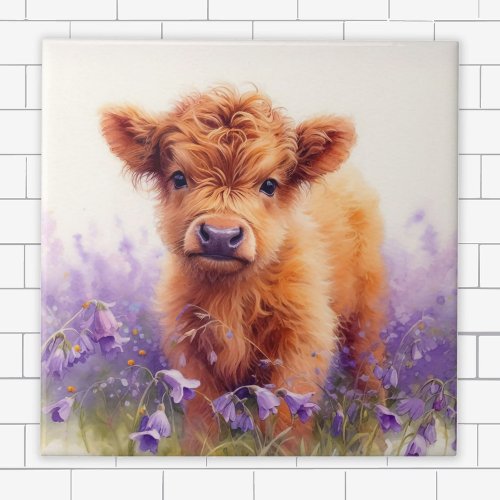Scottish Highland Cow Calf Purple Wildflowers Ceramic Tile