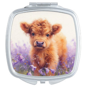 Scottish Highland Cow Calf Purple Wildflowers Compact Mirror