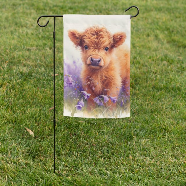 Scottish Highland Cow Calf Purple Wildflowers Garden Flag (In SItu)