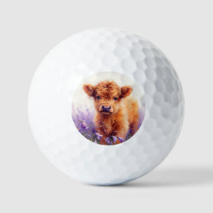 Scottish Highland Cow Calf Purple Wildflowers Golf Balls