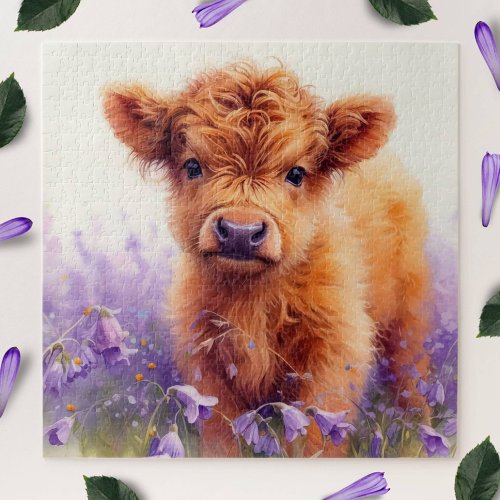 Scottish Highland Cow Calf Purple Wildflowers Jigsaw Puzzle