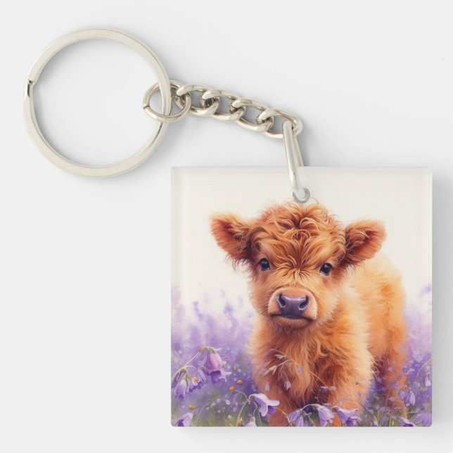 Scottish Highland Cow Calf Purple Wildflowers Keychain (Front)