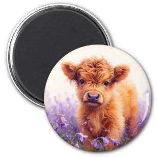 Scottish Highland Cow Calf Purple Wildflowers Magnet