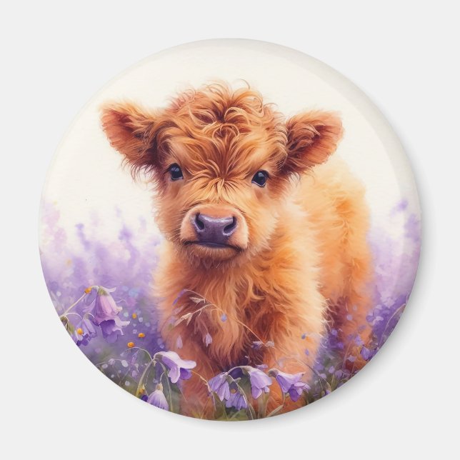 Scottish Highland Cow Calf Purple Wildflowers Magnet (Front)