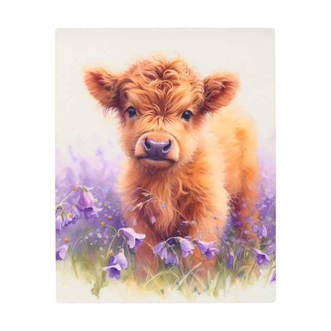 Scottish Highland Cow Calf Purple Wildflowers Metal Print (Front)