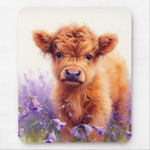 Scottish Highland Cow Calf Purple Wildflowers Mouse Pad