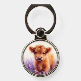 Scottish Highland Cow Calf Purple Wildflowers Phone Ring Stand