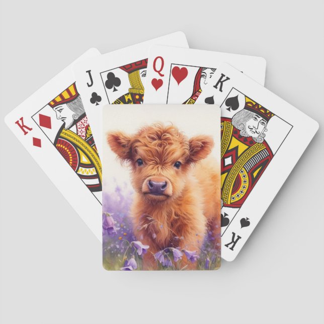Scottish Highland Cow Calf Purple Wildflowers Poker Cards (Back)