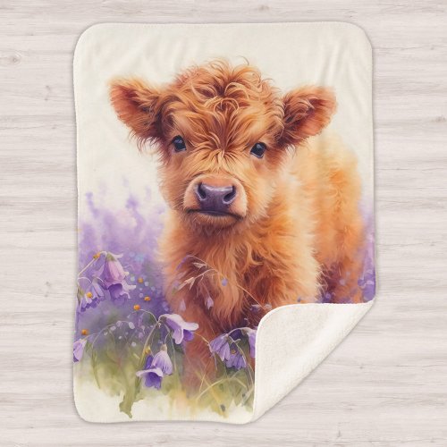 Scottish Highland Cow Calf Purple Wildflowers Sherpa Blanket