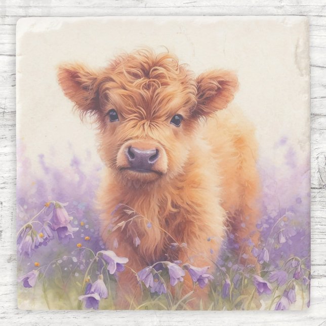 Scottish Highland Cow Calf Purple Wildflowers Stone Coaster (Creator Uploaded)