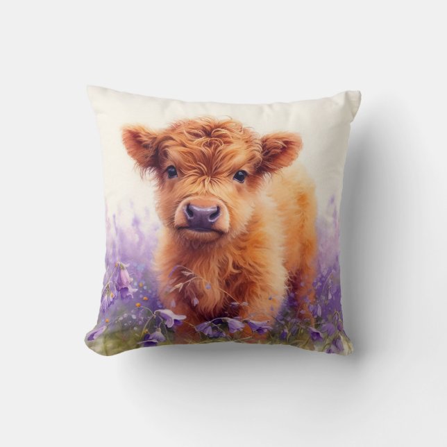 Scottish Highland Cow Calf Purple Wildflowers Throw Pillow (Front)