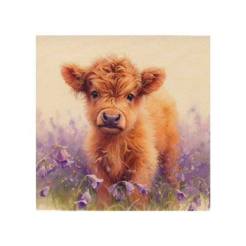 Scottish Highland Cow Calf Purple Wildflowers Wood Wall Art
