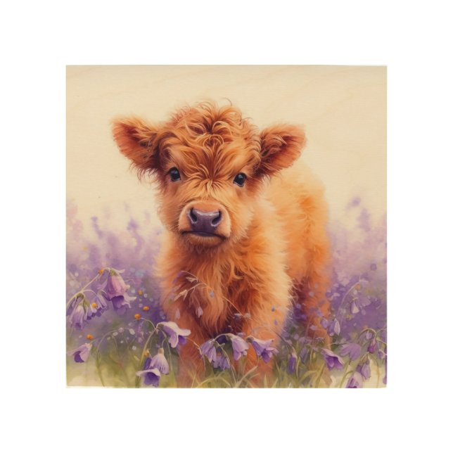 Scottish Highland Cow Calf Purple Wildflowers Wood Wall Art (Front)