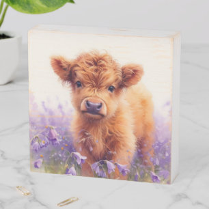 Scottish Highland Cow Calf Purple Wildflowers Wooden Box Sign