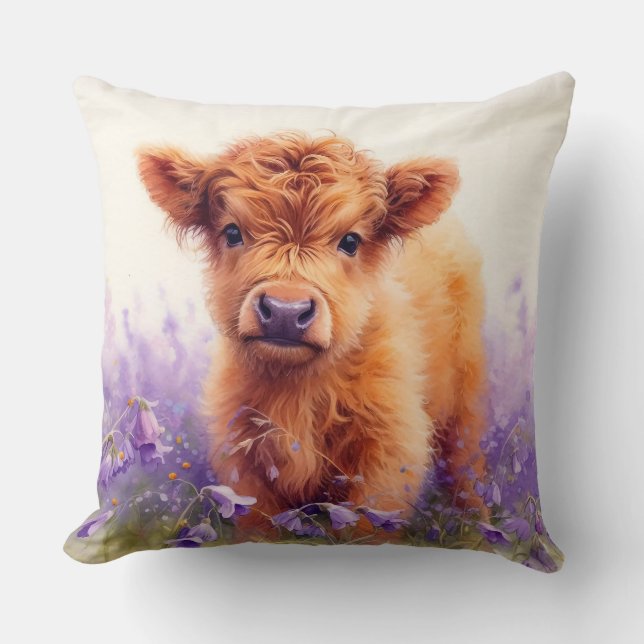 Scottish Highland Cow Calf Wildflowers Square Throw Pillow (Front)
