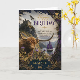 Scottish Highland Cow & Castle Birthday Card