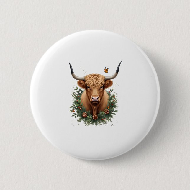 Scottish Highland Cow Cattle Hairy Cow Christmas W Button (Front)