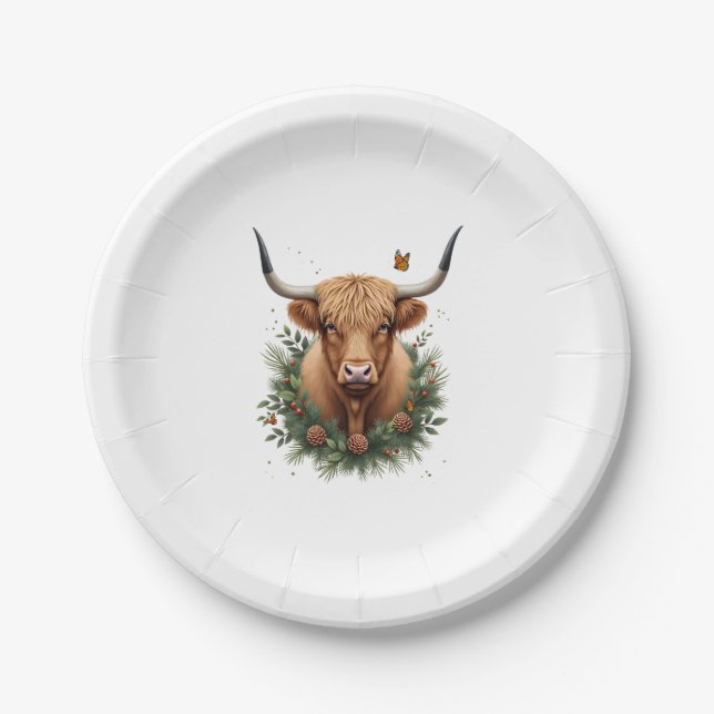 Scottish Highland Cow Cattle Hairy Cow Christmas W Paper Plates (Front)