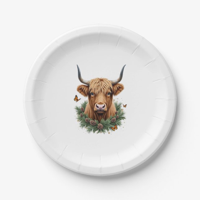 Scottish Highland Cow Cattle Hairy Cow Christmas W Paper Plates (Front)