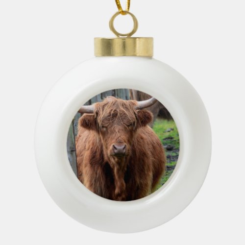 Scottish Highland Cow Ceramic Ball Christmas Ornament