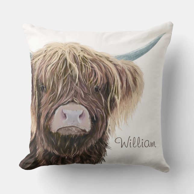 Scottish Highland Cow Charlie With Straggly Hair Throw Pillow (Front)