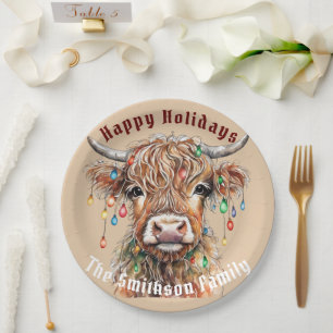 Scottish Highland Cow Christmas Lights Paper Plates