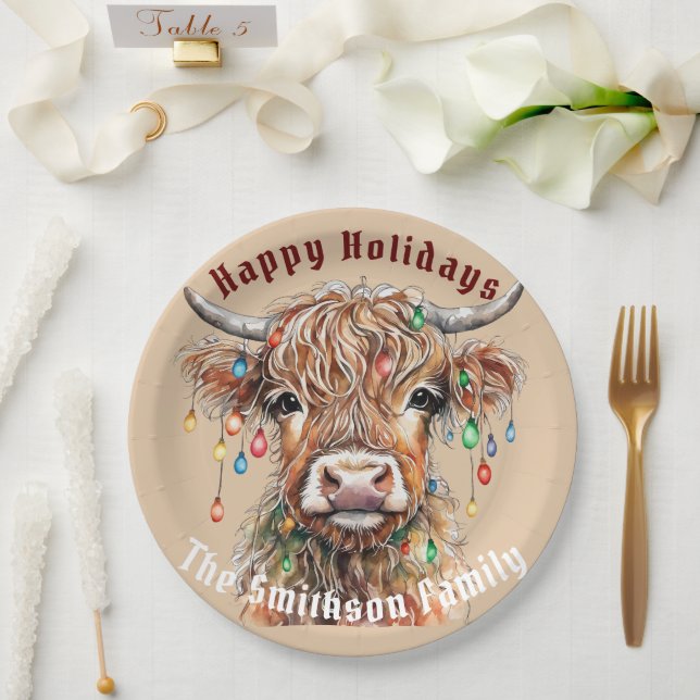 Scottish Highland Cow Christmas Lights Paper Plates (Wedding)
