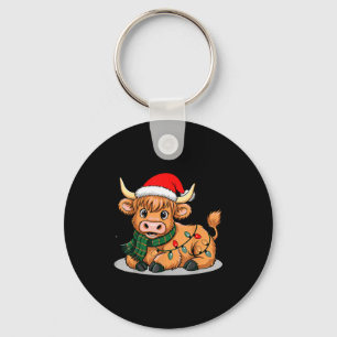 Scottish Highland Cow Christmas Lights Xmas Party  Keychain