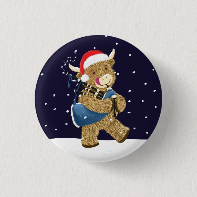 Scottish Highland Cow Christmas Piper Button (Front)