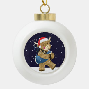 Scottish Highland Cow Christmas Piper Ceramic Ball Christmas Ornament