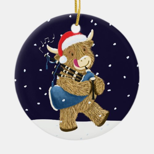 Scottish Highland Cow Christmas Piper Ceramic Ornament