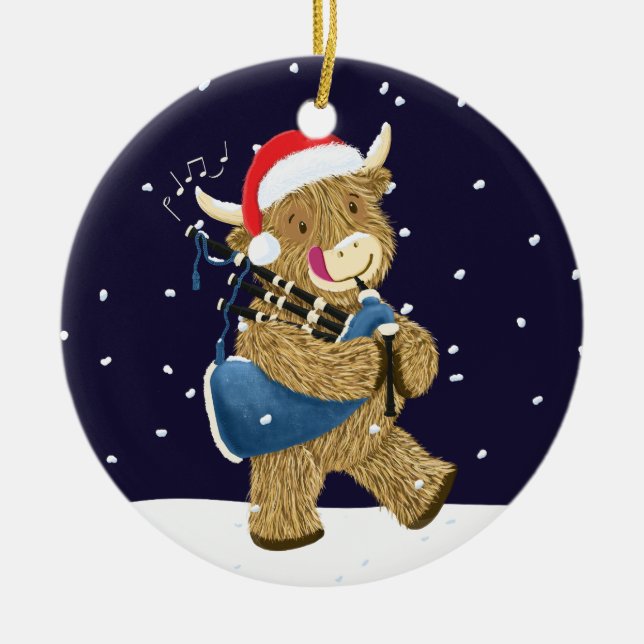 Scottish Highland Cow Christmas Piper Ceramic Ornament (Front)