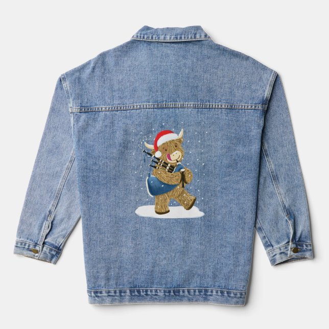 Scottish Highland Cow Christmas Piper Denim Jacket (Back)